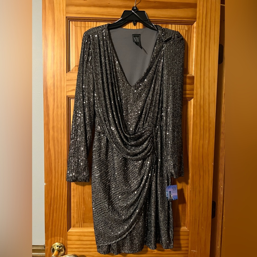 Nightway Long Sleeve Mock Wrap Dress with Sequins Color Gunmetal Size 10